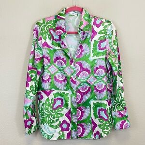 MANGO Italian Fabric Floral Satin Relaxed Button Up Shirt Green Size‎ 4